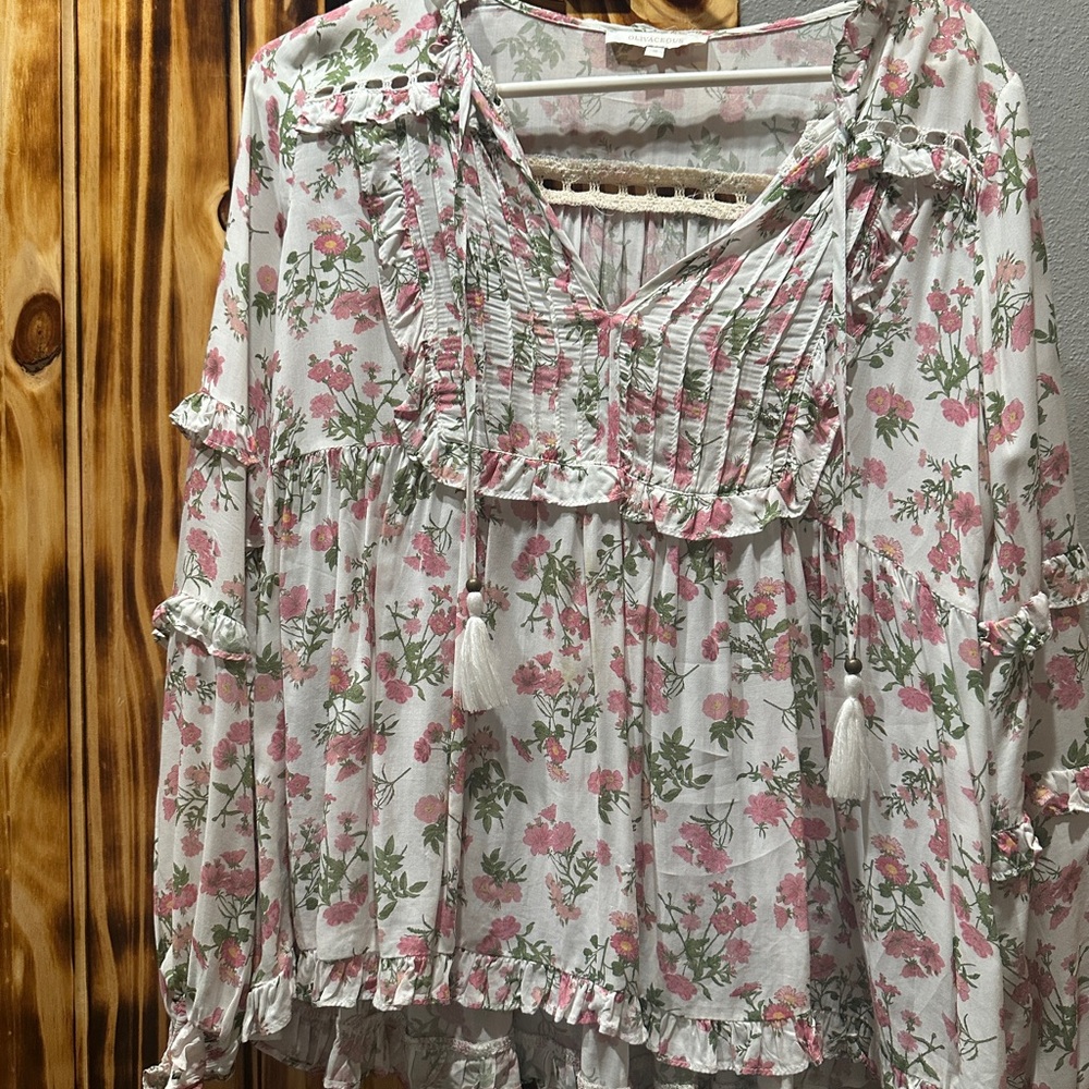 Floral Ruffle Blouse - Pink and White